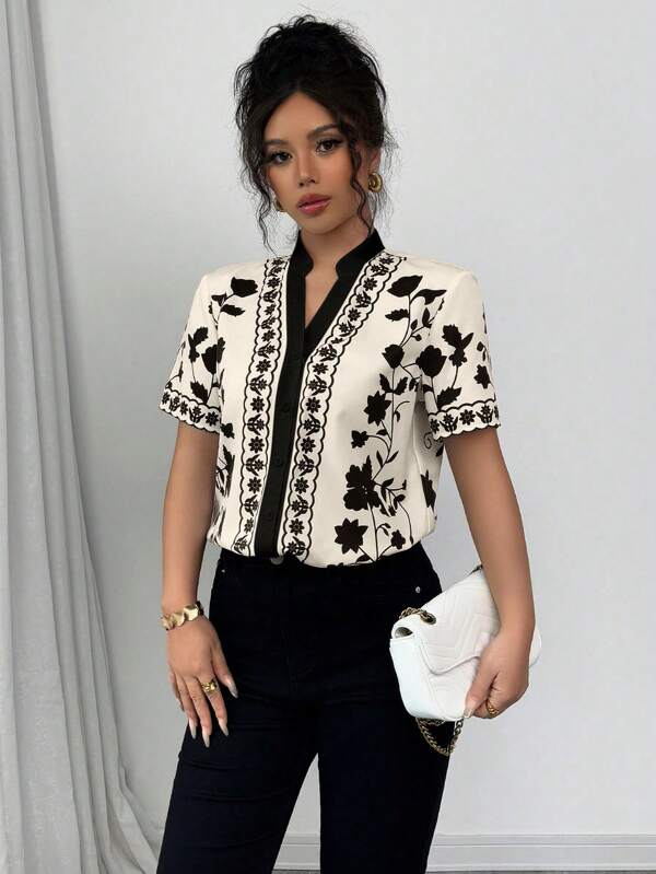 Calvaya Elegant Commuter Floral Print Notch Collar Blouse