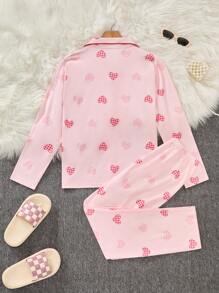 Conjunto de Pijama com Estampa de Coração Elegante para Meninas Adolescentes