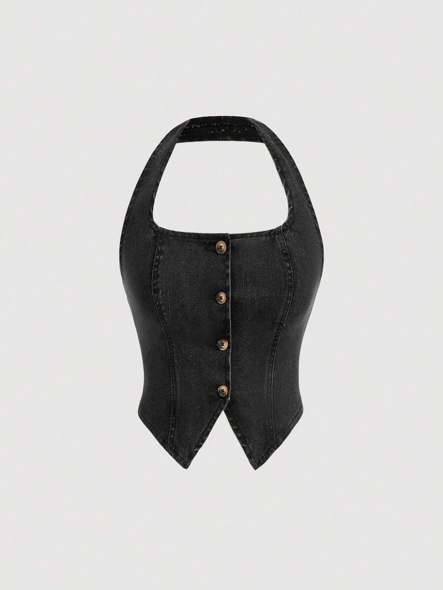 SHEIN MOD 女士休闲水洗前开露背挂脖牛仔上衣 - 黑色 - 查看 1