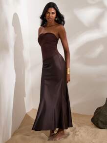 Opulessa Solid Color Knitted Bandeau Mermaid Dress For Women - Coffee - View 5