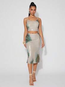 SHEIN Unity Spring Sequin DetailCamisole Top Summer Festivals For Bridal, Wedding,Graduation, Dinner,Prom - Green - View 3