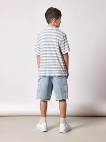 SUMWON Camisa de punto de textura acanalada con botones y patrón de rayas retro casual para uso en vacaciones de verano, de manga corta y con cuello, ideal para usar en resorts