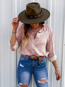 INAWLY Áo sơ mi nữ tay dài in hoa đơn giản rộng rãi - Hồng - Xem 3