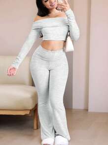 Zyxie Women 2pcs Set Off Shoulder Long Sleeve Cropped Top And Pants, Solid Color