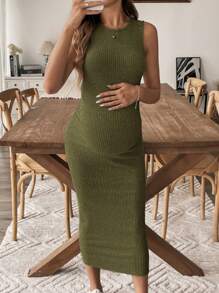 SHEIN Vestido casual de embarazo de unicolor con cuello redondo y ajustado - Verde militar - Ver 6