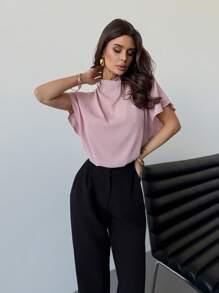 Firerie Women's Elegant Dusty Pink Ruffle Collar Blouse Summer Work Business Office Casual Wear Minimalist Daily Commute Teachers' Day Loose Fit Short Sleeve - Dusty Pink - View 3