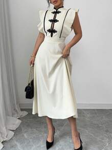 Chiquease Women's Elegant Ruffle Trim Color Block Cap Sleeve Chinese Style Button Waisted Long Dress - Beige - View 5