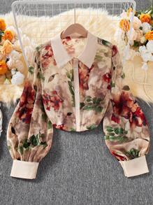 Rometta 女士翻领印花宽松休闲灯笼袖衬衫女式衬衫 - 彩色 - 查看 1