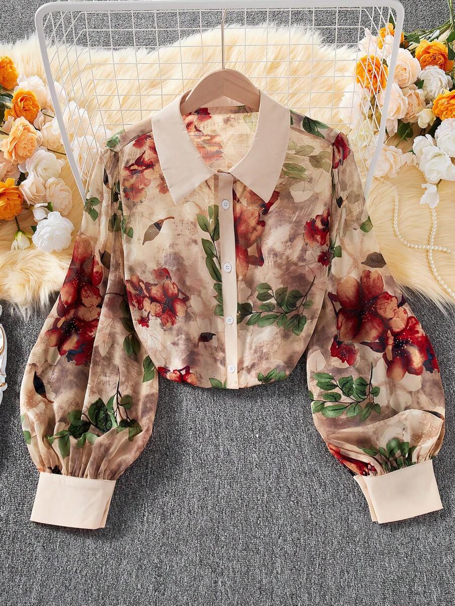 Rometta 女士翻领印花宽松休闲灯笼袖衬衫女式衬衫 - 彩色 - 查看 1