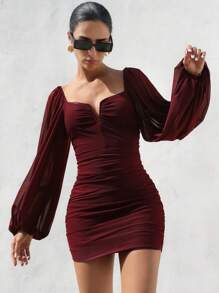 SHEIN Privé Elegant Chiffon Ruched Bodycon Dress With Unique Neckline Design, Long Sleeve Mini Dress For Women