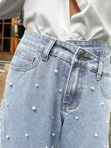 Forever 21 Women's Fashion Pearl Embellished Asymmetric Waist Denim Jeans