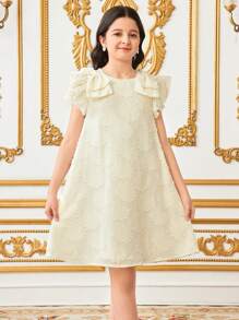 SHEIN Tween Girls' Loose Cute Casual Round Neck Bow Decor Elegant Laser Cut Jacquard Midi Dress