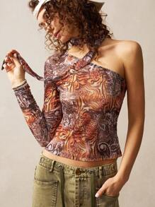 Bohemela Boho Knitted Leopard Print Net Fabric Slash Neck Fitted Women Top