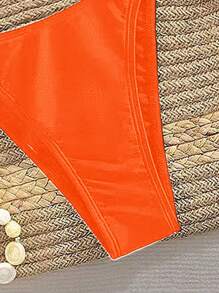 SHEIN 1Set Women Solid Color Wide Strap Bikini Top And Bottom Swimwear Summer - Orange - View 5