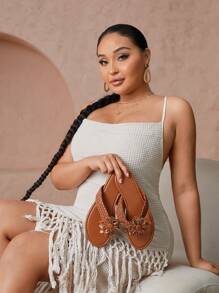 CUCCOO CURVES Dép xỏ ngón đế bằng họa tiết hoa dệt rộng rãi cho nữ đi nghỉ dưỡng bãi biển Bohemian - màu nâu - Xem 9