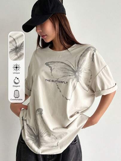 DAZY Women's Summer Butterfly And Letter Print Round Neck Drop Shoulder Loose Casual T-Shirt Y2k Graphic Tee Oversized T-Shirt