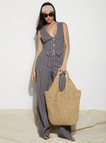 COSMINA Pantalon casual rayé rétro pour femmes, style bureau similaire aux looks d'influenceurs, tenue d'été