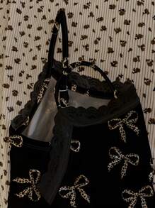 SHEIN EZwear Set 2 Potong Kamisol Renda & Celana Pendek untuk Wanita - Motif Pita Leopard Beige di Latar Belakang Hitam - MultiWarna - View 6