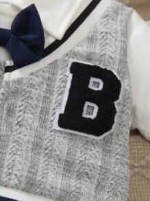 Baby Jungen Kleidung: Einfarbiger, kabelgestrickter Jacquard-Strickpullover, Zweiteiler mit V-Ausschnitt ärmellose Kontrast-Rüschen-Hemdkragen, Holzflecken-Strickjacke, einfarbiger kurzärmeliger Romper, Sommer Sport Retro Lässig Street Stil Marine Fliege 1 Stück, geeignet für Gentleman, Outdoor, Schule, Urlaubstragen - Grau - Übersicht 4