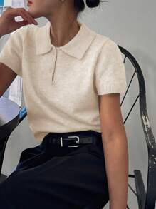 DAZY Solid-Color Fitted Short Sleeve POLO Collar Knit Blouse For Women, Casual For Spring & Summer,Fall Clothes - White - View 6