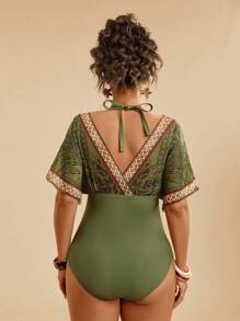 Travachic 大码女式树叶印花橄榄绿色挂脖式连体泳衣，休闲度假沙滩装 - 橄欖綠 - 查看 2