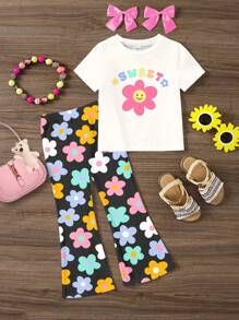 SHEIN Leap Crew 2 件套年轻女孩休闲卡通花朵图案圆领短袖上衣和喇叭裤套装，适合春夏季