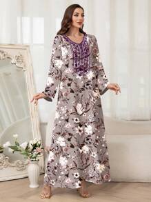 Al Najma 女士优雅花卉印花阿拉伯风格连衣裙，端庄 - 粉色 - 查看 4