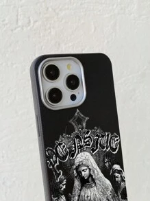 ROMWE Goth Funda de teléfono con gráfico de retrato y texto de la Virgen María compatible con iPhone