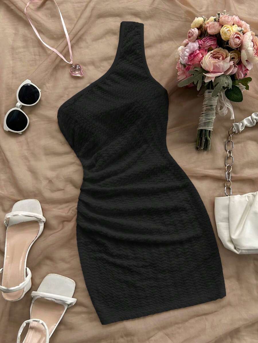 Soleia Casual Solid Color Draped One Shoulder Fitted Mini Dress - Black - View 1