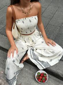 Serisse 女式度假撞色印花优雅休闲弹力修身褶皱上衣阔腿裤套装抹胸和裤子套装女式夏装女式两件套度假装女士度假两件套波西米亚风女装 - 米色 - 查看 5
