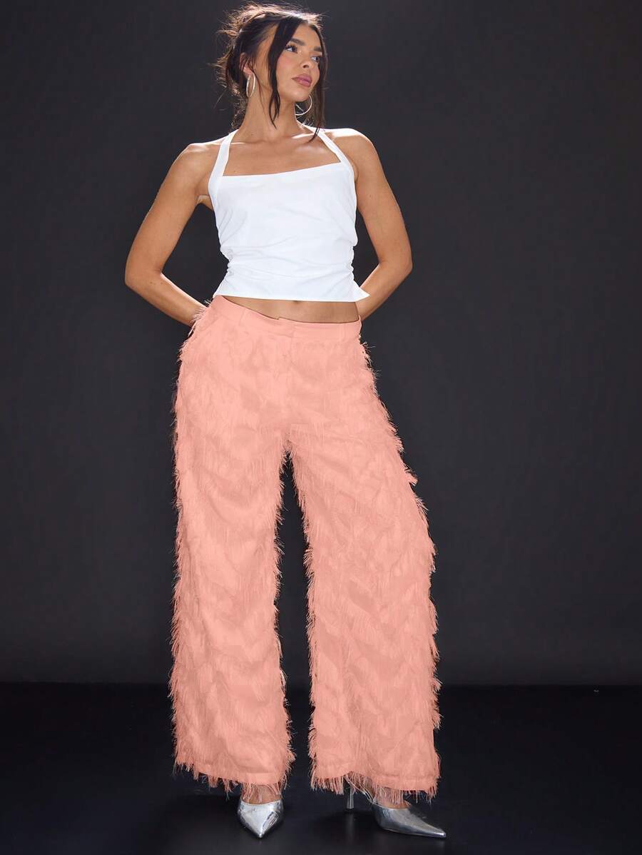 MUSERA Frayed Layered Slant Pockets Trousers Ibiza, Holiday, Club - Pink - View 1