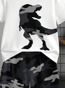 SHEIN 2pcs Camouflage Dinosaur Print Casual Crew Neck Short Sleeve T-Shirt And Shorts Set For Young Boys, Summer