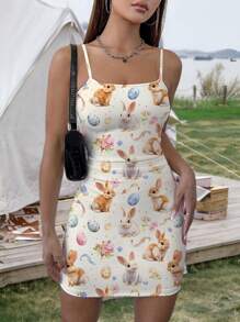INAWLY Solva Women's Fitted Sleeveless Easter Rabbit Print Short Dress - Multicolor - View 1