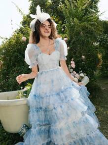 SHEIN MOD Bustier-Camisole mit Blumenmuster, blau-weiß gestreifte Taille, Korsettstruktur, Urlaubsoutfits für Damen, Sommerkleid, Country-Outfits, Strandurlaubskleidung, Frühlingskleid, Osterkleid für Damen - Blau-Weiß - Übersicht 2