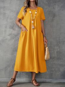 EMERY ROSE Women's Solid Color Short Sleeve Round Neck Midi Dress - Yellow - View 4