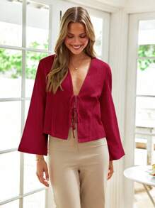 SHEIN VCAY Blusa de corte holgado, manga acampanada, ajuste regular, de tela tejida casual para mujer - Burdeos - Ver 6