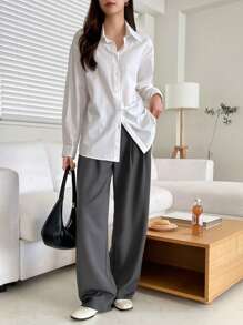 Dazy-Less Women Casual Business Solid Color Loose Long Sleeve Shirt,Long Sleeve Tops Old Money Style,Fall Clothes