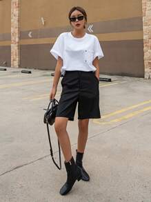 DAZY Embroidery Pocket Patched Drop Shoulder Tee Summer Preppy Tops - White - View 6