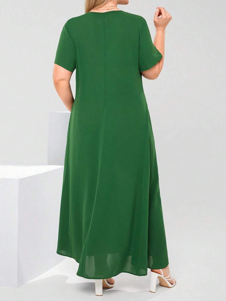 Plus Size Women Solid Color Round Neck Short Sleeve Pocketed Pleated Casual Dress Spring Outfits For Women Bridal Shower Dress White Elegant Sage Green