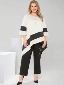 EMERY ROSE Femei Dimensiuni Plus Set 2buc Tivul Asimetric Culoare Contrast Decolteu Rotund Top Și Pantaloni Ținute de primăvară Pentru Femei Rochie de duș de mireasă Alb Elegant