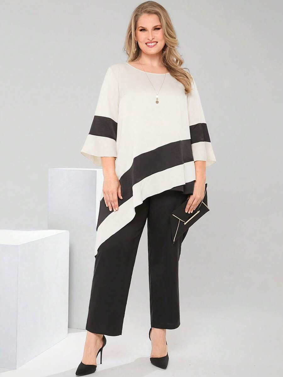 EMERY ROSE Femei Dimensiuni Plus Set 2buc Tivul Asimetric Culoare Contrast Decolteu Rotund Top Și Pantaloni Ținute de primăvară Pentru Femei Rochie de duș de mireasă Alb Elegant