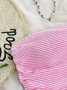 Girlism Gestreepte strapless geplooide taille A-lijn casual mini-jurk voor tienermeisjes, roze en wit, geschikt voor vakantie