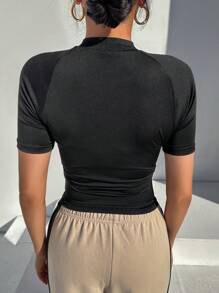 DAZY Women's Half Turtleneck Tight Short Sleeve T-Shirt With Letter Print And Cropped Hem Y2k,Fall Clothes - Black - View 2