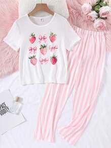 Tween Girl White Top + Pink Strawberry Bow Print Casual Short Sleeve Top & Pink Stripe Loose Knit 2 Pieces Pajama Set, Sleepwear - Multicolor - View 3