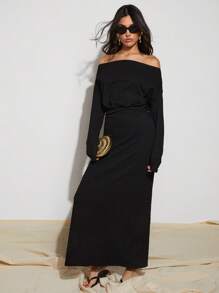 COSMINA Women's Off Shoulder Ruched Waist Side Split Dress - Black - View 4