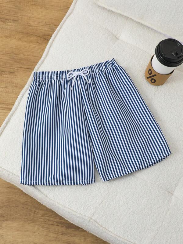 SHEIN Tween Boy Striped Swim Trunks, Ideal For Beach, Pool Parties In Summer