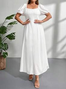 Firerie Falda A-line blanca con cuello cuadrado, extra larga y con forro para mujer de talla grande, elegante y romántica para la temporada de bodas