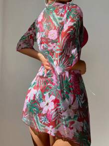 SHEIN Swim 3pcs/Set Women Assorted Print Beach Wear Outfits - Spaghetti Strap Top, Shorts, And Cover-Up Kimono, For Spring Break/Summer Vacation - Multicolor - View 2
