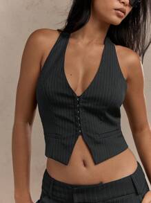 MISSGUIDED 细条纹露背束腰上衣露背设计修身无袖纽扣前背心短款专业商务风格春夏派对俱乐部正装 - 深灰色 - 查看 3