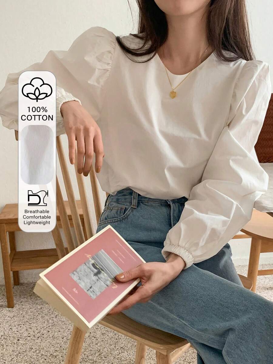 DAZY Women Solid Color Daily Wear Puff Sleeve Blouse,Fall Clothes Long Sleeve Top - White - View 1